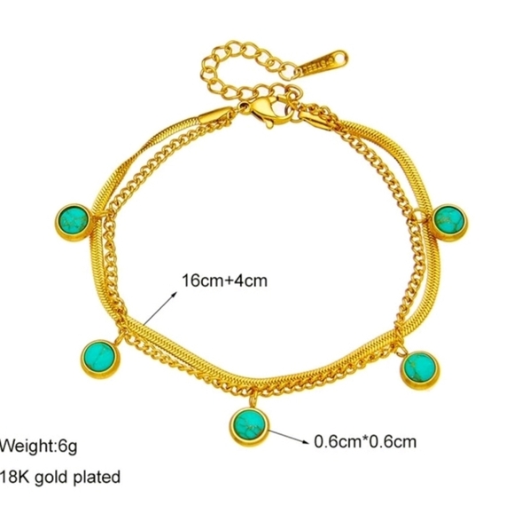 -‎ Womens Turquoise Dangle 18K Gold Plated Stainless Steel Charm Bracelet - Picture 3 of 3